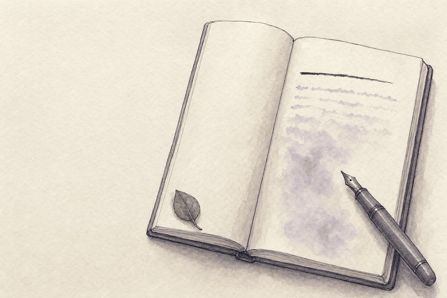 An open notebook with a single bold opening line at the top and the rest of the page fading into a watercolor wash.